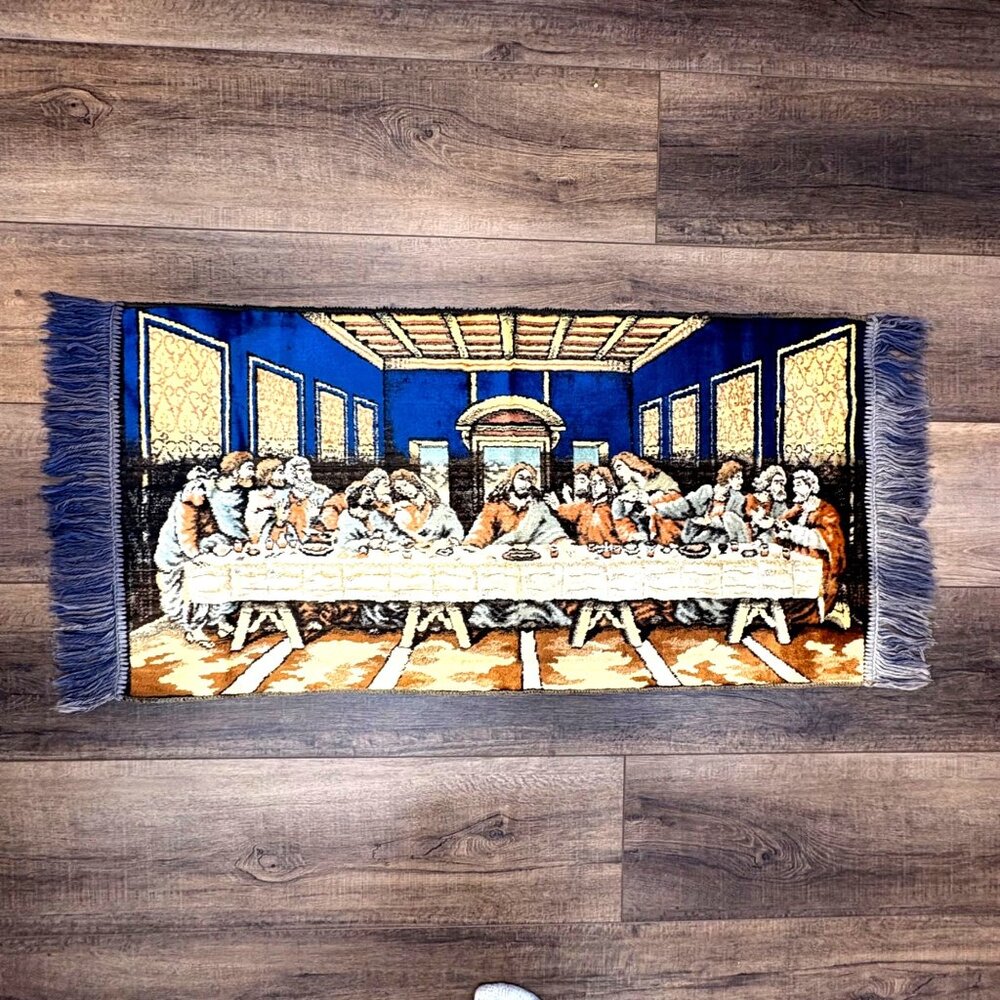 Vintage Woven Tapestry Rug Velvet The Last Supper Jesus 42” x 20” Fringed‎ Edges